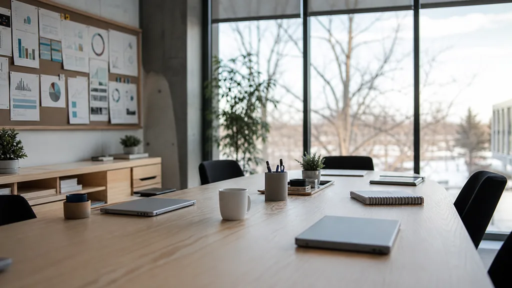 Editorial photograph of an empty modern marketing studio in an Ottawa office with pale wood, wide glass, bare winter trees outside and cool clear northern light, a widescreen monitor showing a blank reporting view, a keyboard and a mug on a wooden desk, no people and no signage