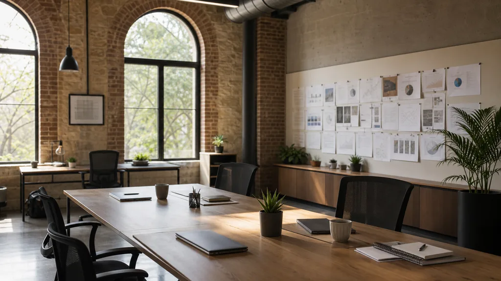 Editorial photograph of an empty modern marketing studio in a San Antonio office in a converted brick building with arched windows, warm stone and strong Texas daylight, a widescreen monitor showing a blank reporting view, a keyboard and a mug on a wooden desk, no people and no signage