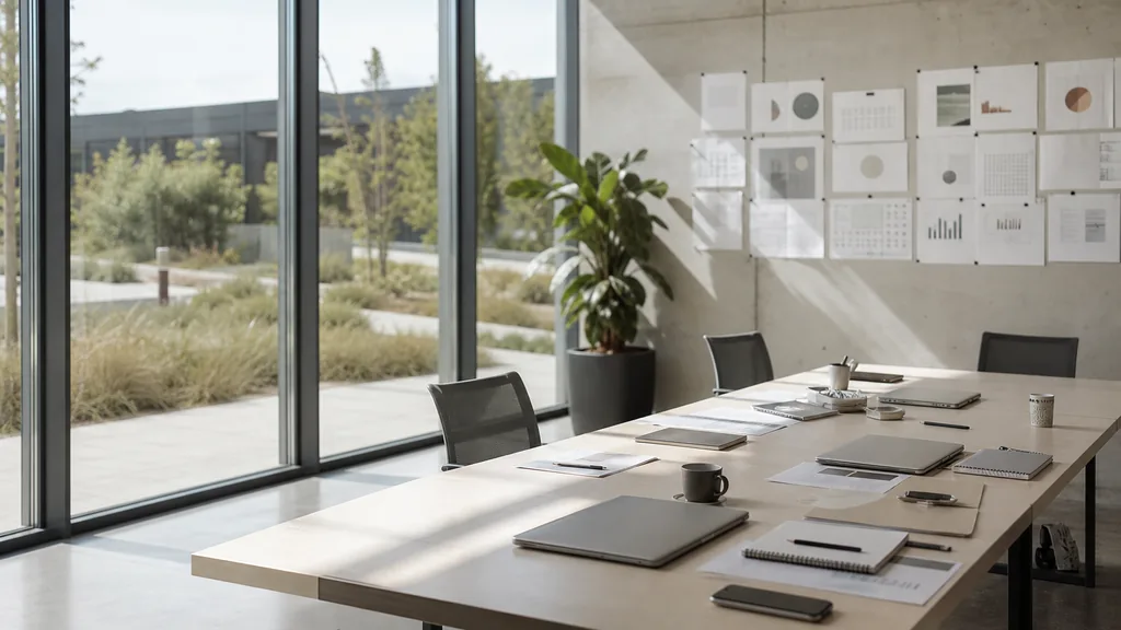 Editorial photograph of an empty modern marketing studio in a San Jose office with pale concrete, floor to ceiling glazing, dry California light and low green planting outside, a widescreen monitor showing a blank reporting view, a keyboard and a mug on a wooden desk, no people and no signage