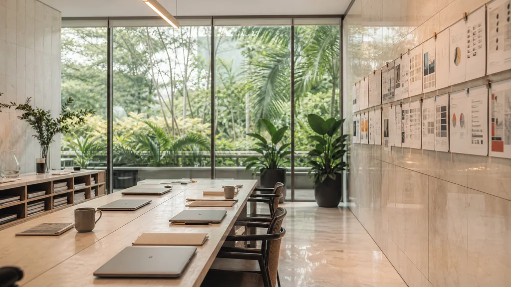 Editorial photograph of an empty modern marketing studio in a Singapore office with pale stone, floor to ceiling glazing, tropical greenery outside and bright filtered light, a widescreen monitor showing a blank reporting view, a keyboard and a mug on a wooden desk, no people and no signage