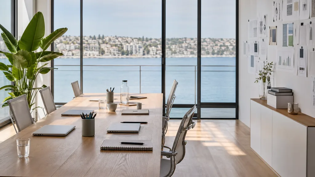 Editorial photograph of an empty modern marketing studio in a Sydney office with white walls, wide glass, harbour light and pale timber floors, a widescreen monitor showing a blank reporting view, a keyboard and a mug on a wooden desk, no people and no signage