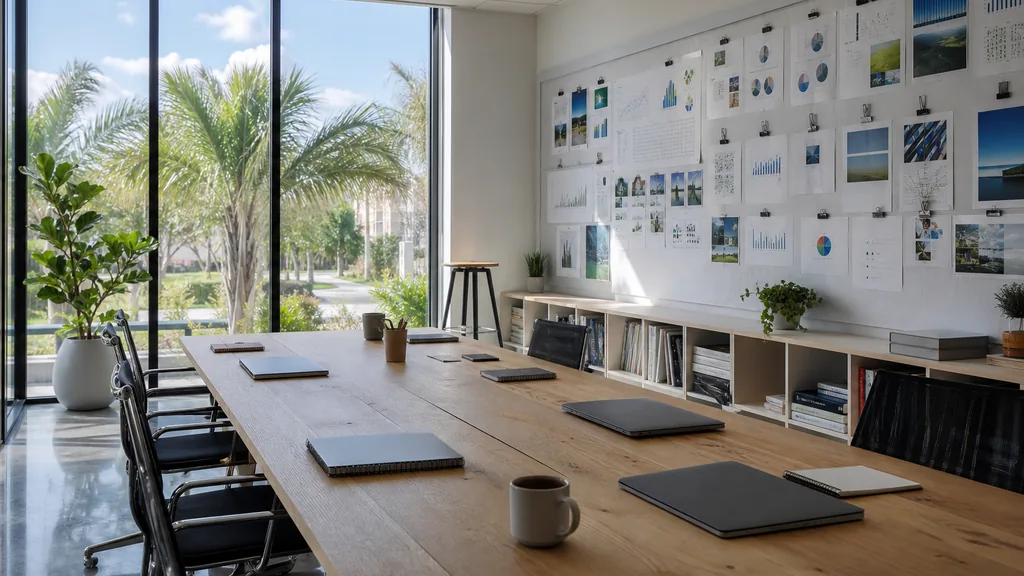Editorial photograph of an empty modern marketing studio in a Tampa office with white walls, wide glass, palms and bright humid Florida daylight, a widescreen monitor showing a blank reporting view, a keyboard and a mug on a wooden desk, no people and no signage
