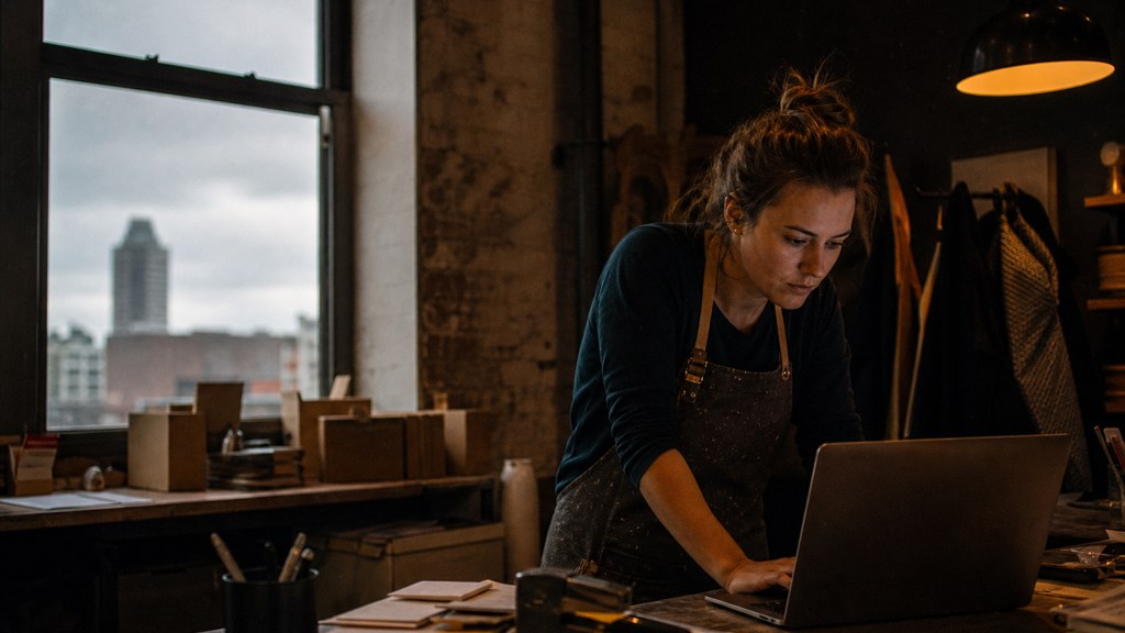 A small-business owner in an apron leaning over a laptop on a cluttered back-office desk late in the day, photographed in Buffalo