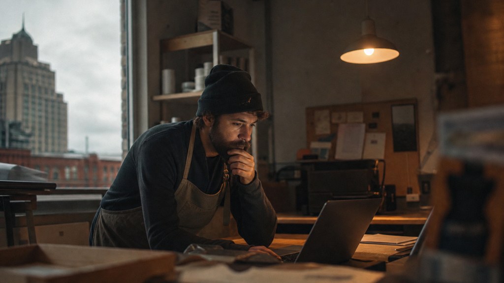 A small-business owner in an apron leaning over a laptop on a cluttered back-office desk late in the day, photographed in Buffalo