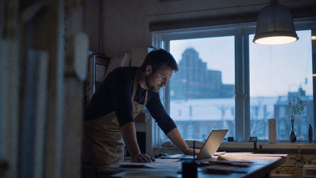 A small-business owner in an apron leaning over a laptop on a cluttered back-office desk late in the day, photographed in Buffalo