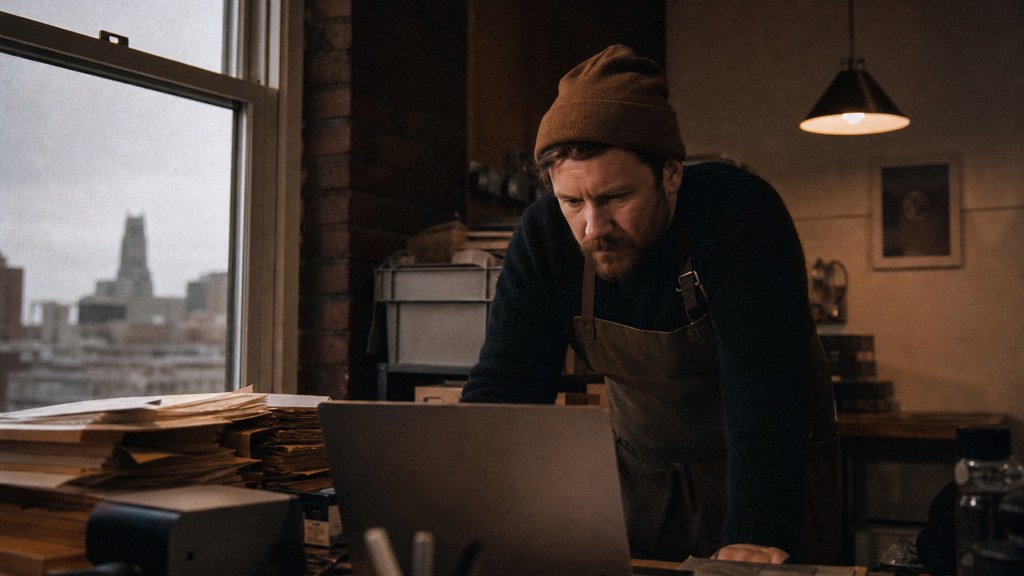 A small-business owner in an apron leaning over a laptop on a cluttered back-office desk late in the day, photographed in Buffalo