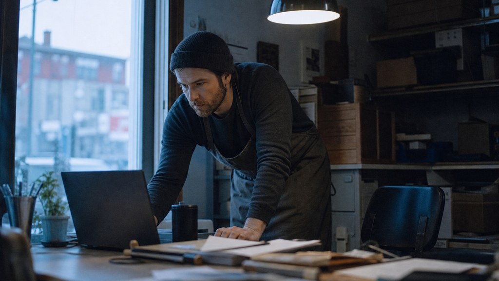 A small-business owner in an apron leaning over a laptop on a cluttered back-office desk late in the day, photographed in Buffalo