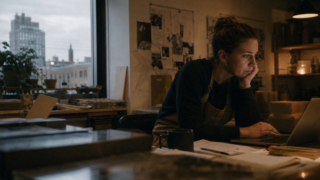 A small-business owner in an apron leaning over a laptop on a cluttered back-office desk late in the day, photographed in Buffalo