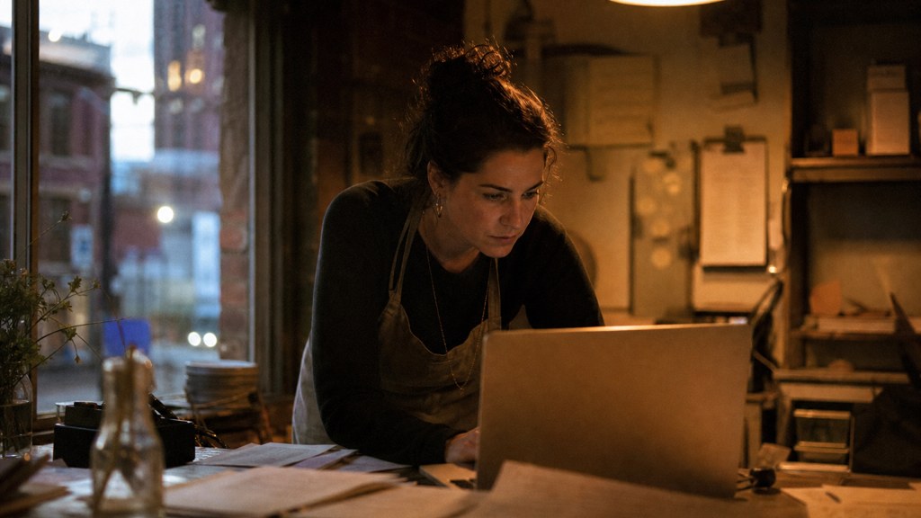 A small-business owner in an apron leaning over a laptop on a cluttered back-office desk late in the day, photographed in Buffalo