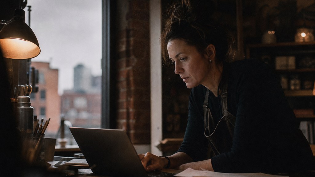 A small-business owner in an apron leaning over a laptop on a cluttered back-office desk late in the day, photographed in Buffalo
