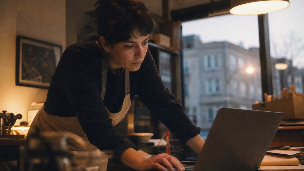 A small-business owner in an apron leaning over a laptop on a cluttered back-office desk late in the day, photographed in Buffalo