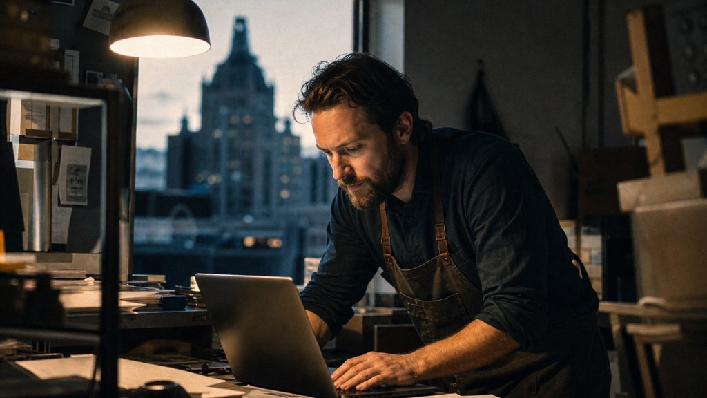 A small-business owner in an apron leaning over a laptop on a cluttered back-office desk late in the day, photographed in Buffalo