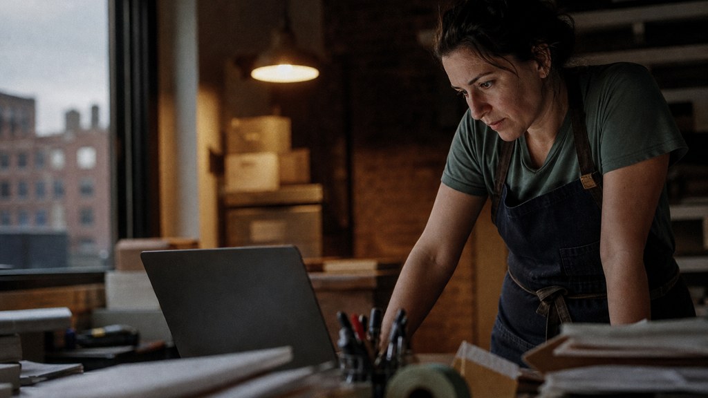 A small-business owner in an apron leaning over a laptop on a cluttered back-office desk late in the day, photographed in Buffalo