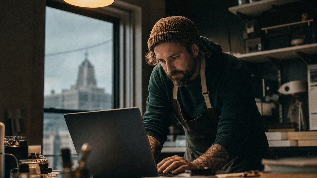 A small-business owner in an apron leaning over a laptop on a cluttered back-office desk late in the day, photographed in Buffalo