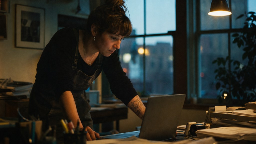 A small-business owner in an apron leaning over a laptop on a cluttered back-office desk late in the day, photographed in Buffalo