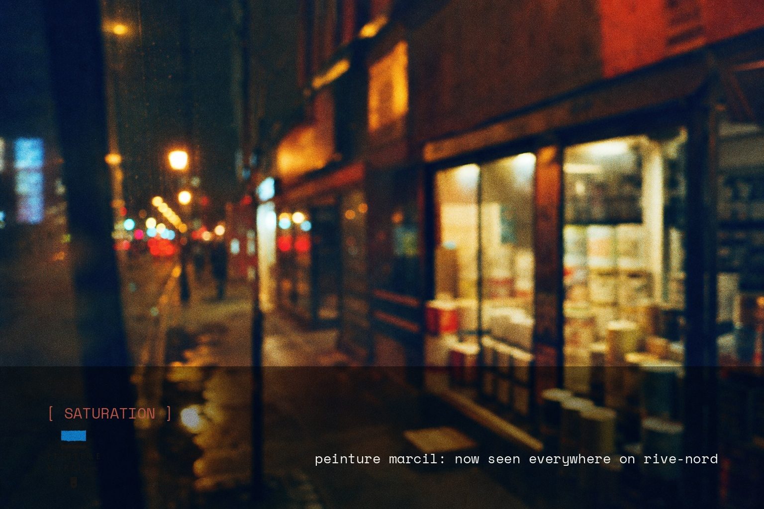 Peinture Marcil brand campaign image, night scene shot on film