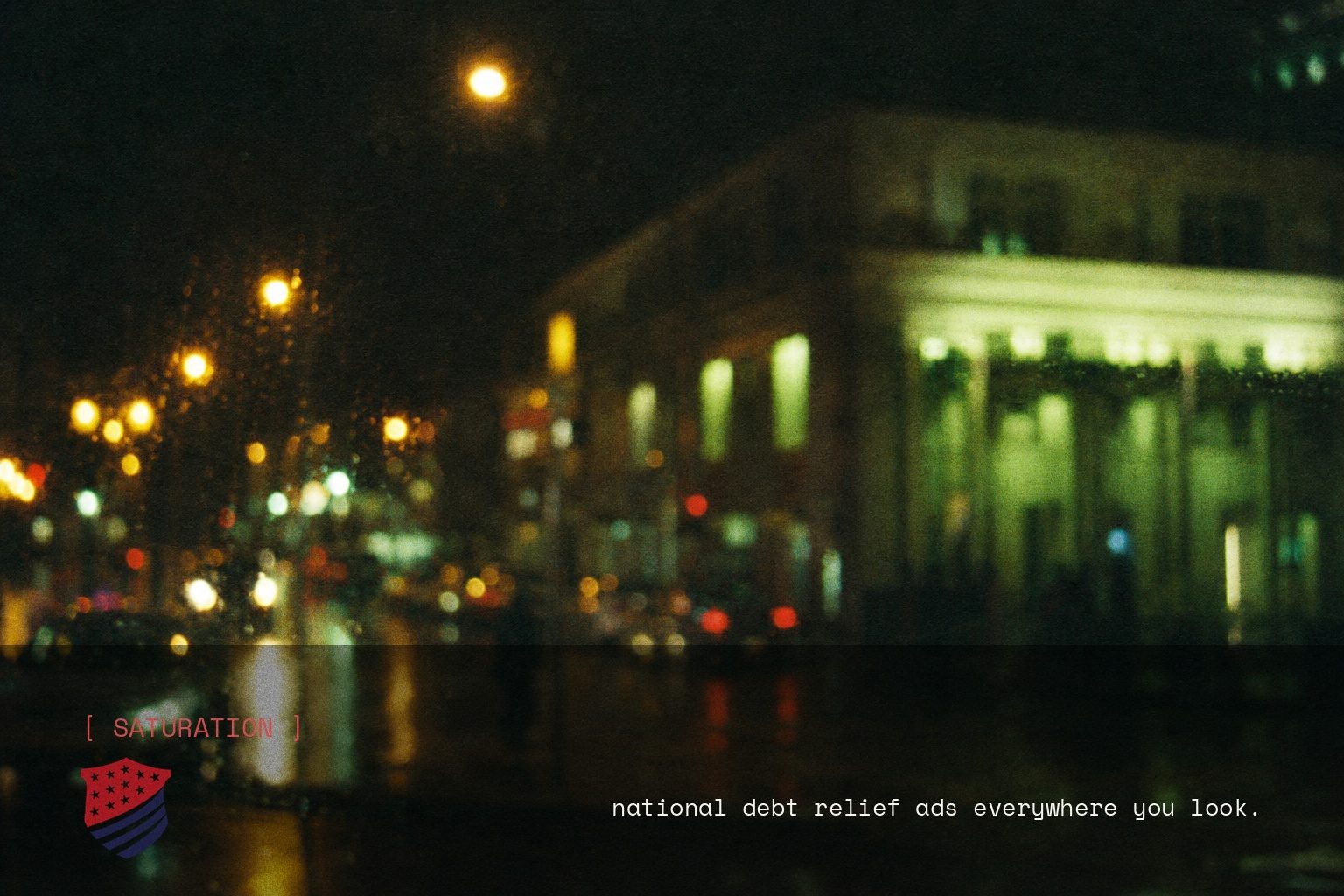 National Debt Relief brand campaign image, night scene shot on film