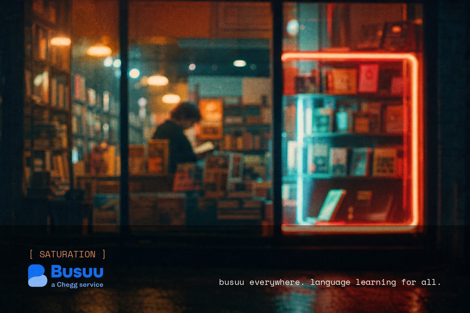 Busuu brand campaign image, night scene shot on film