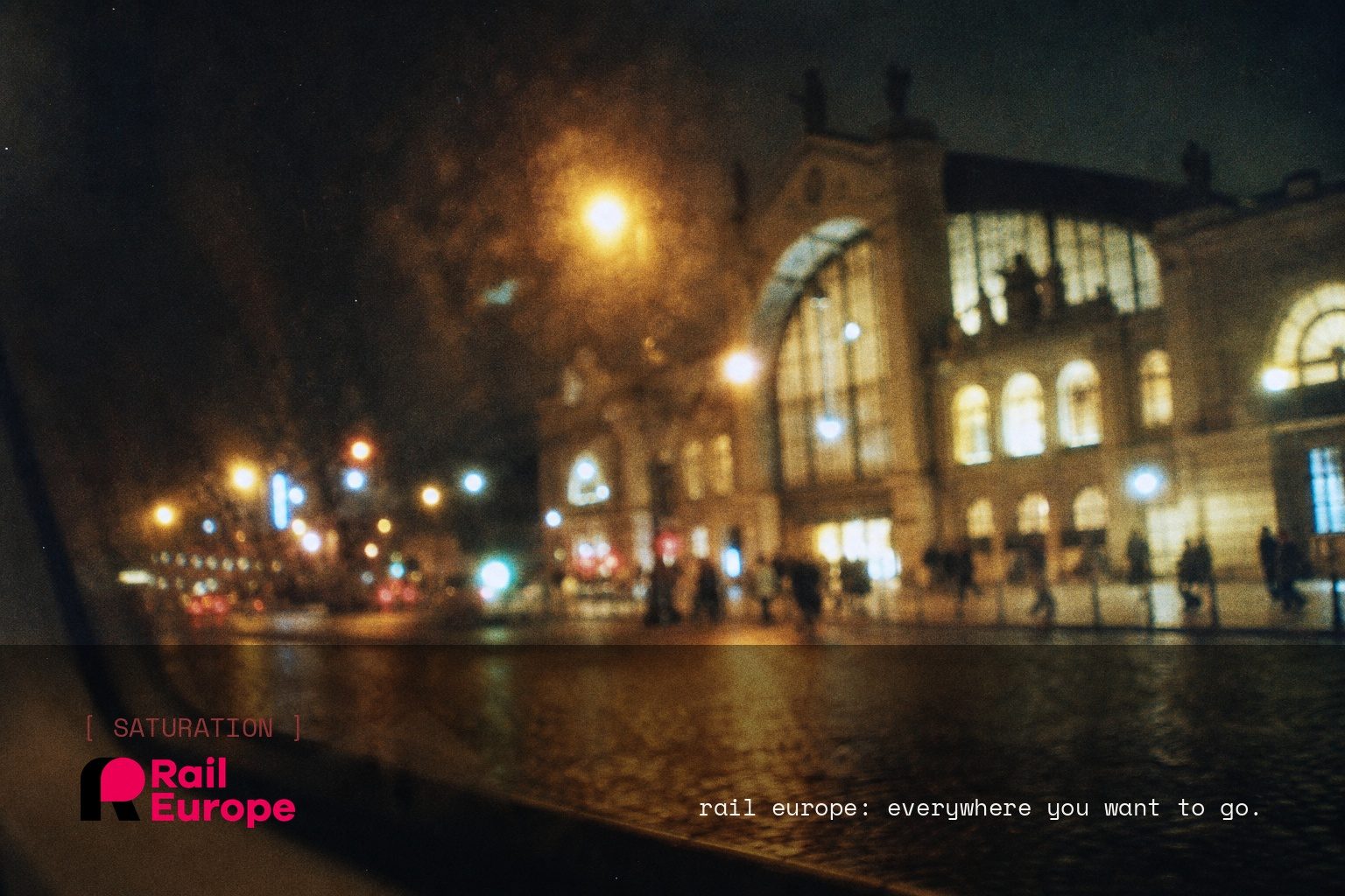 Rail Europe brand campaign image, night scene shot on film