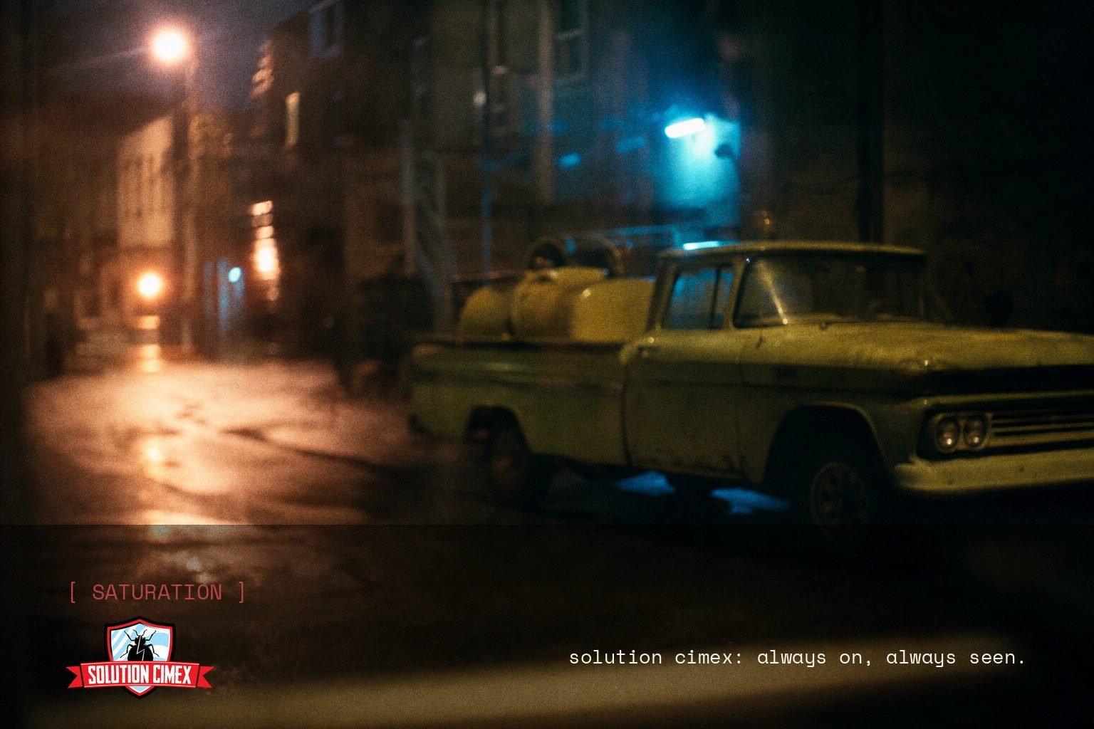 Solution Cimex brand campaign image, night scene shot on film