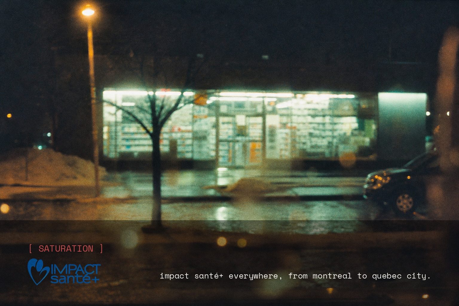 Impact Santé+ brand campaign image, night scene shot on film
