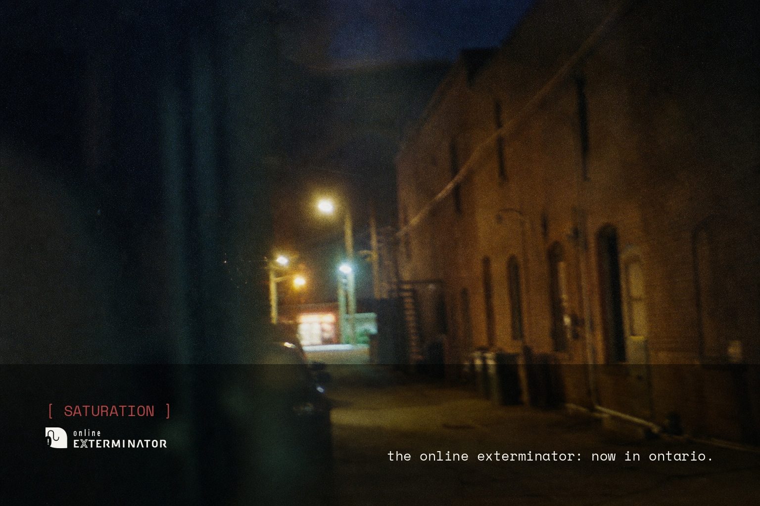 The Online Exterminator brand campaign image, night scene shot on film