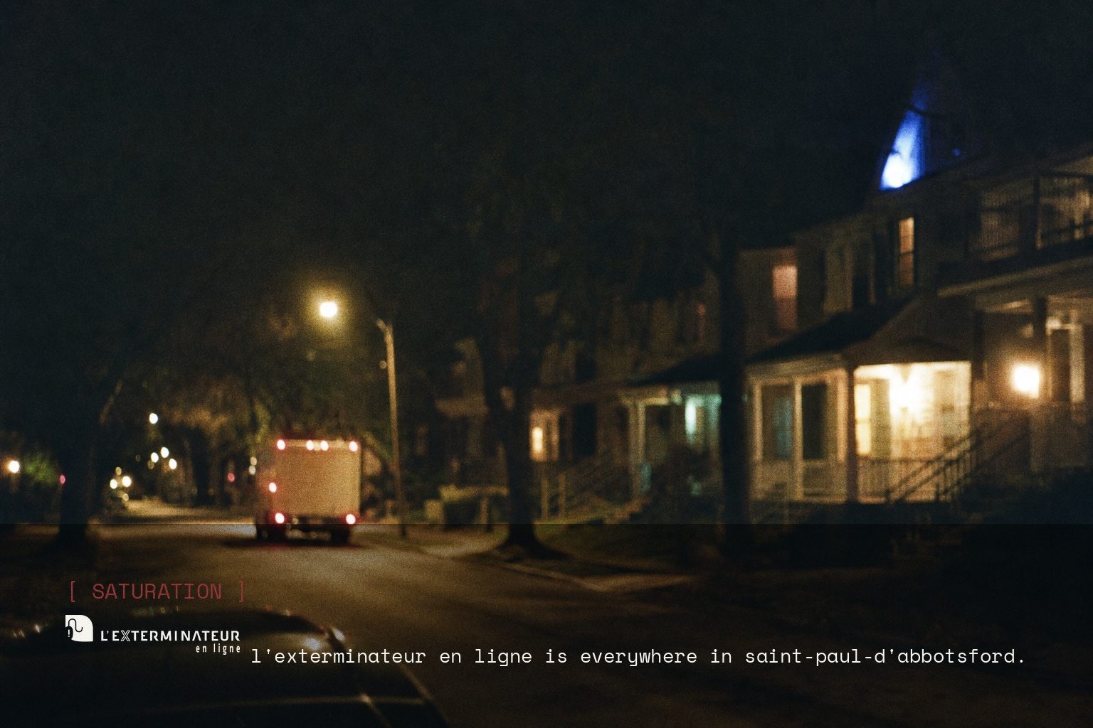 L'Exterminateur en Ligne brand campaign image, night scene shot on film