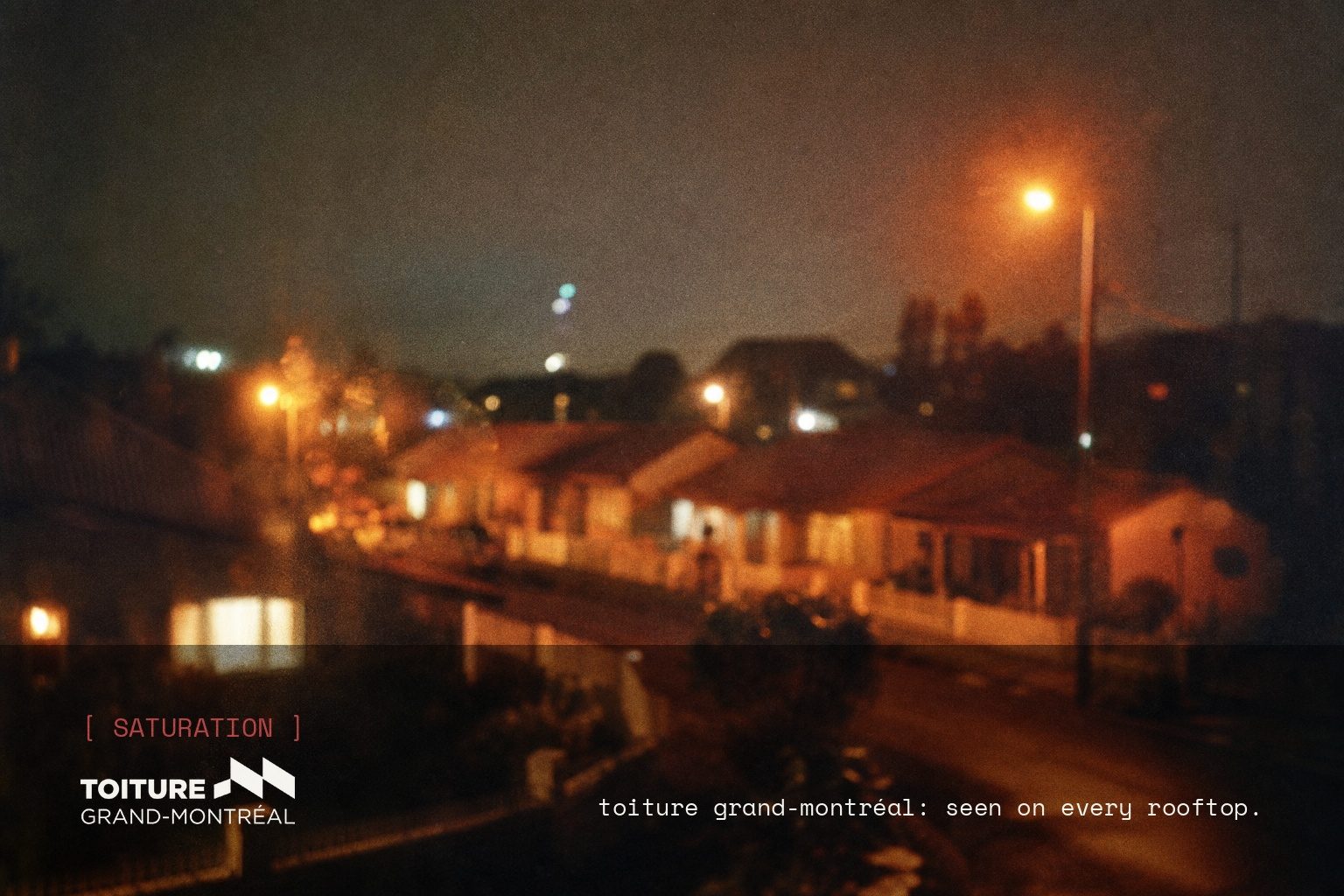 Toiture Grand-Montréal brand campaign image, night scene shot on film