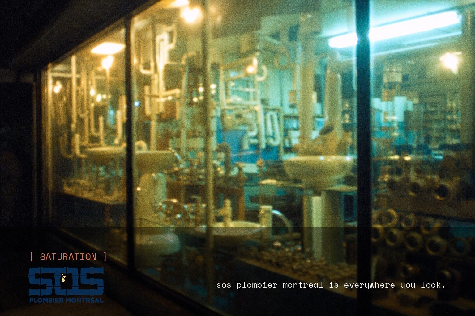 SOS Plombier Montréal brand campaign image, night scene shot on film