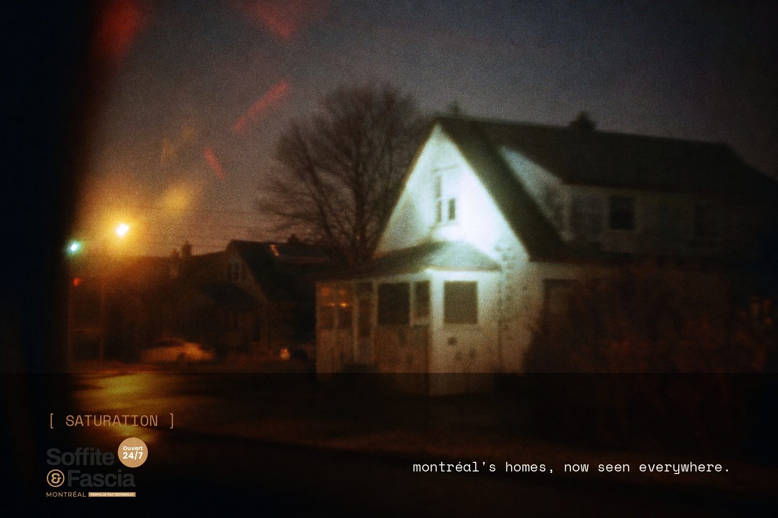 Soffite Fascia Montréal brand campaign image, night scene shot on film