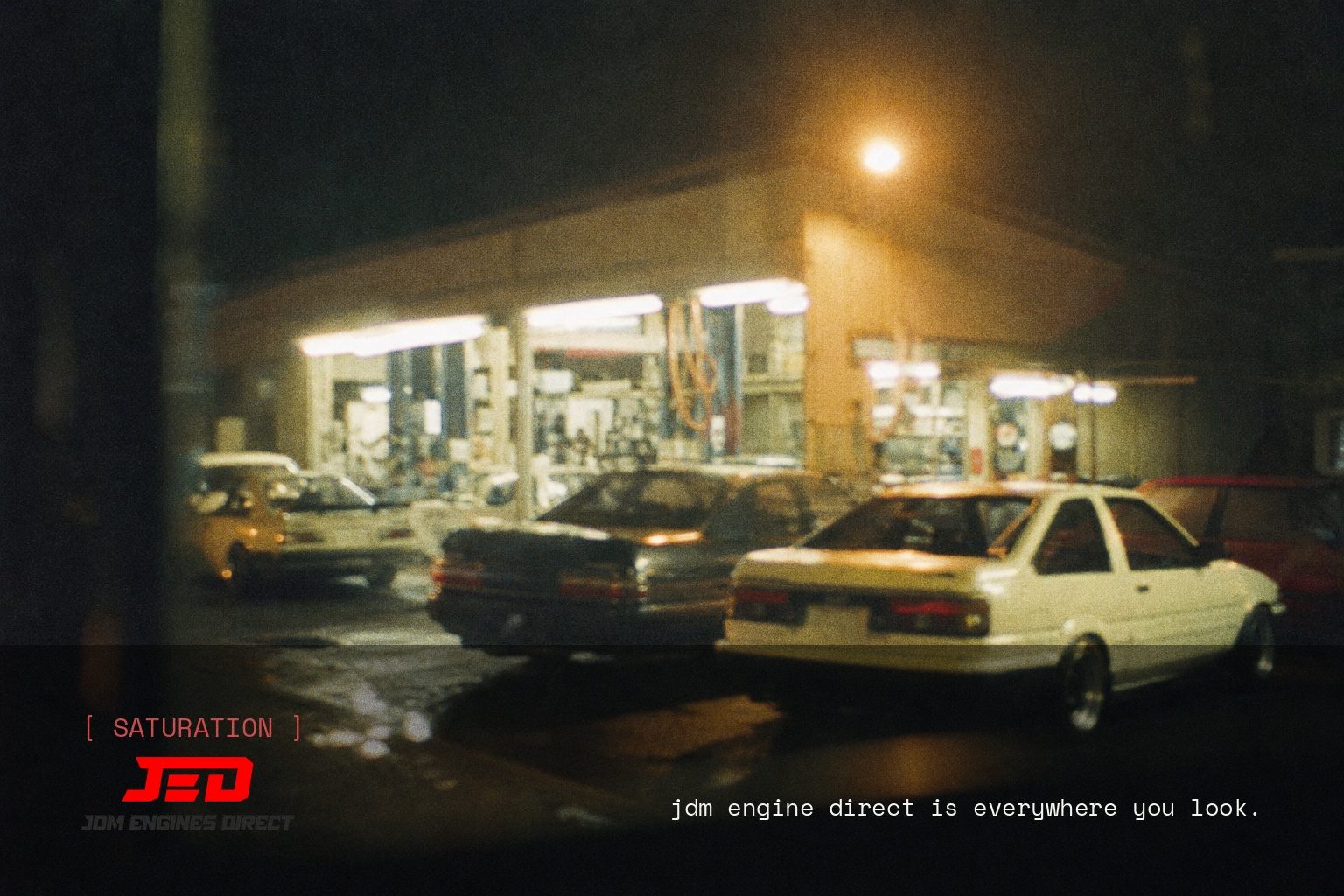 JDM Engine Direct brand campaign image, night scene shot on film