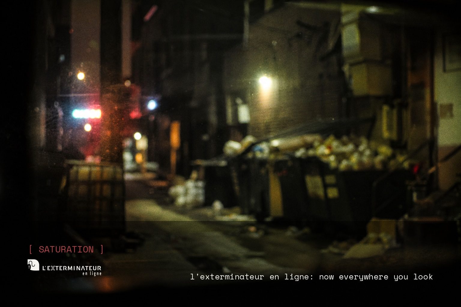 L'Exterminateur en Ligne brand campaign image, night scene shot on film