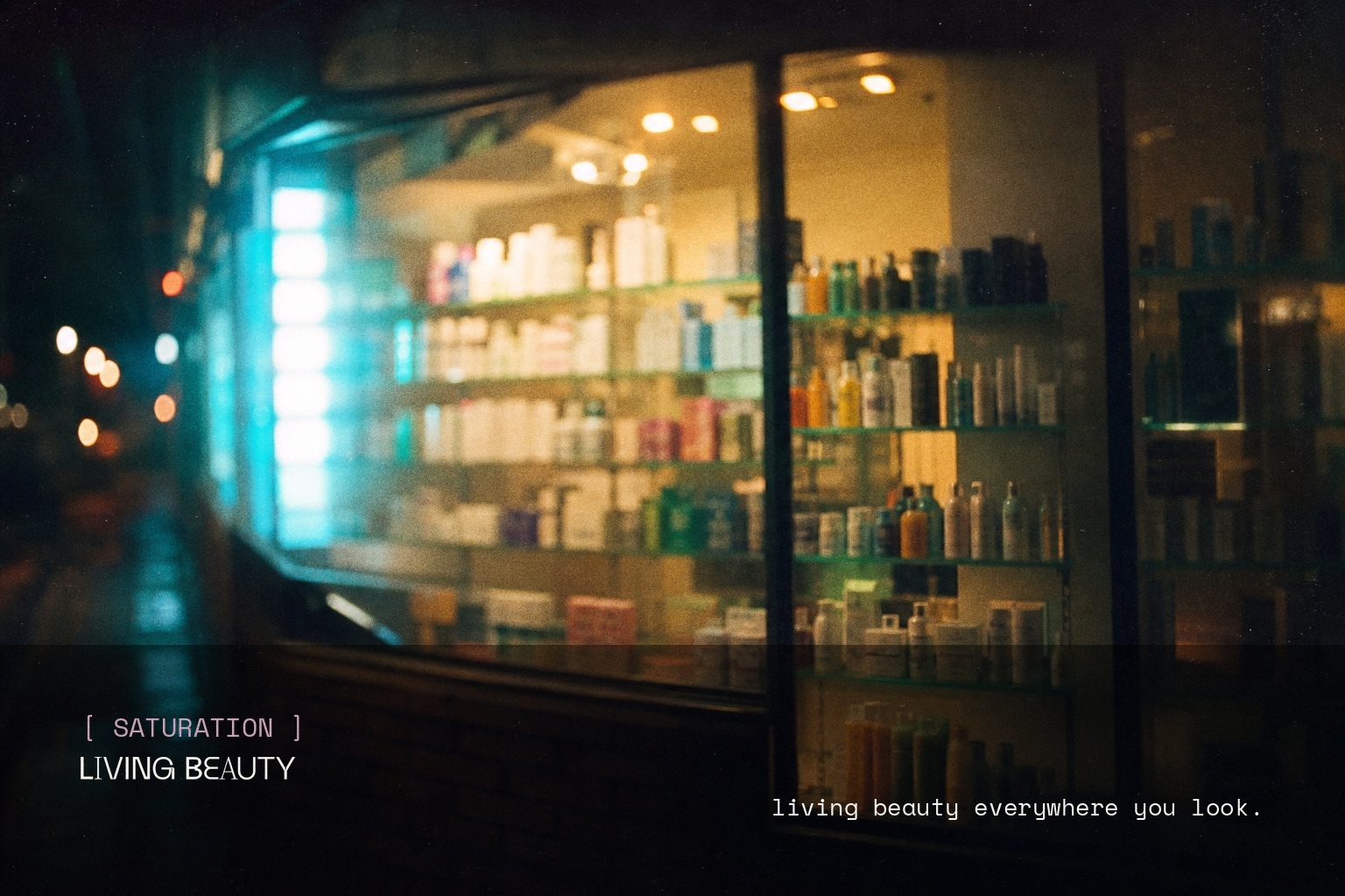 Living Beauty brand campaign image, night scene shot on film