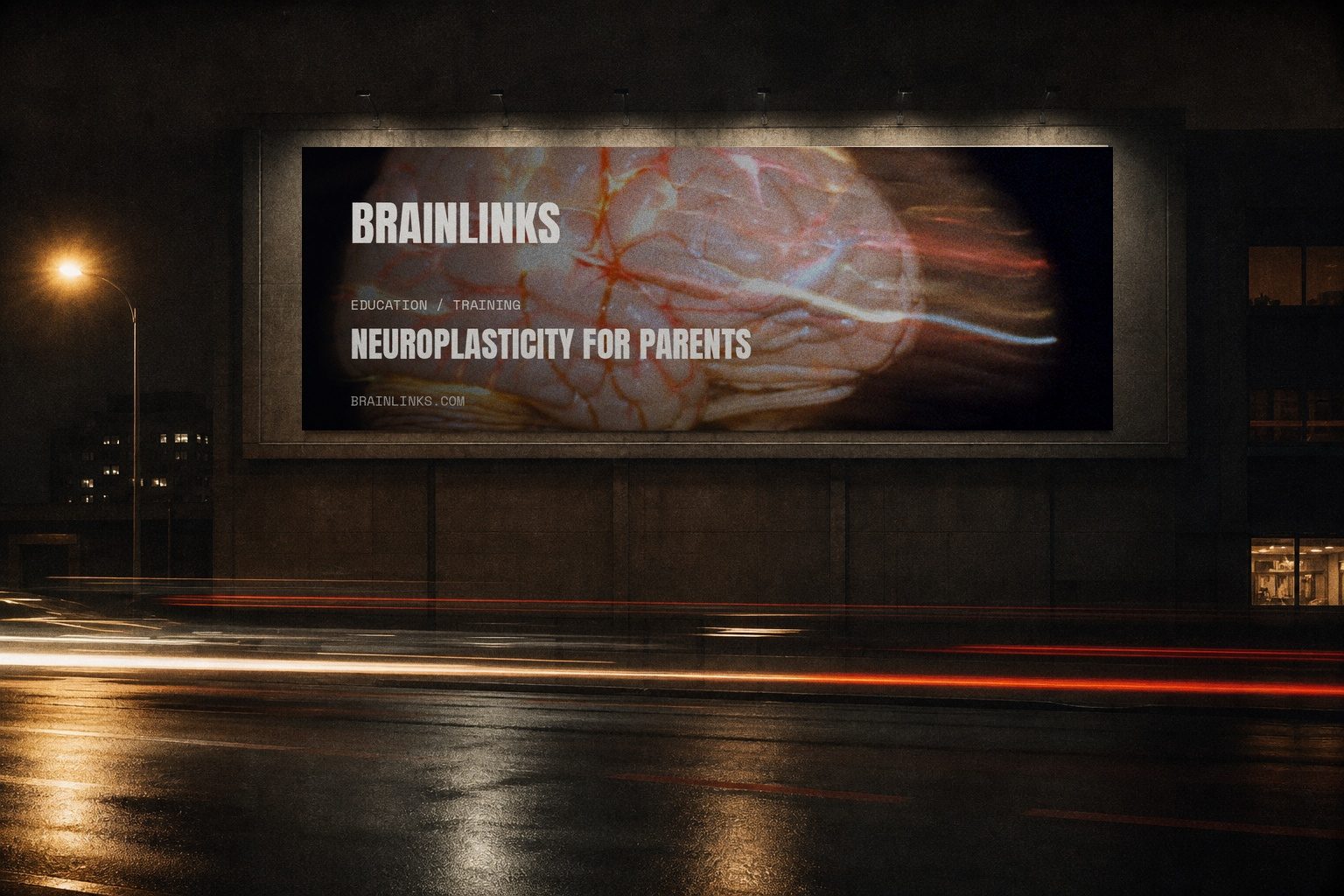 BrainLinks billboard lit at night
