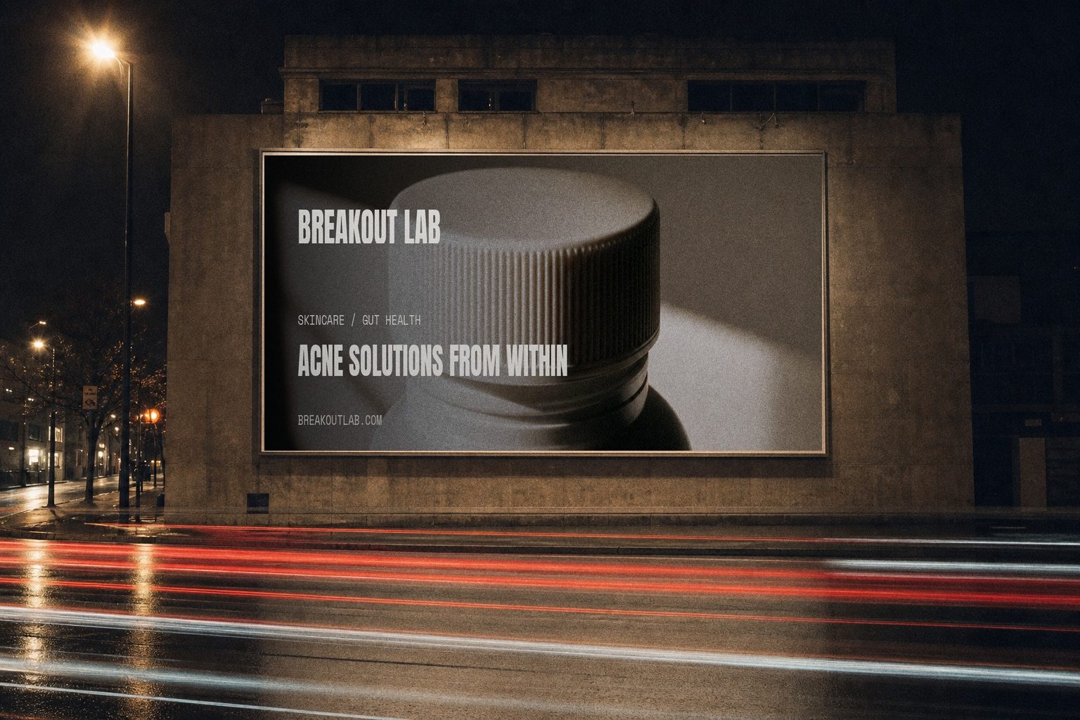 Breakout Lab campaign billboard lit at night