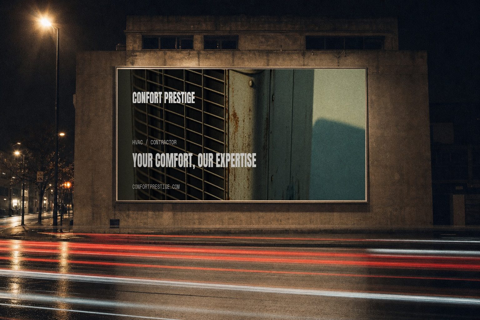 Confort Prestige campaign billboard at night