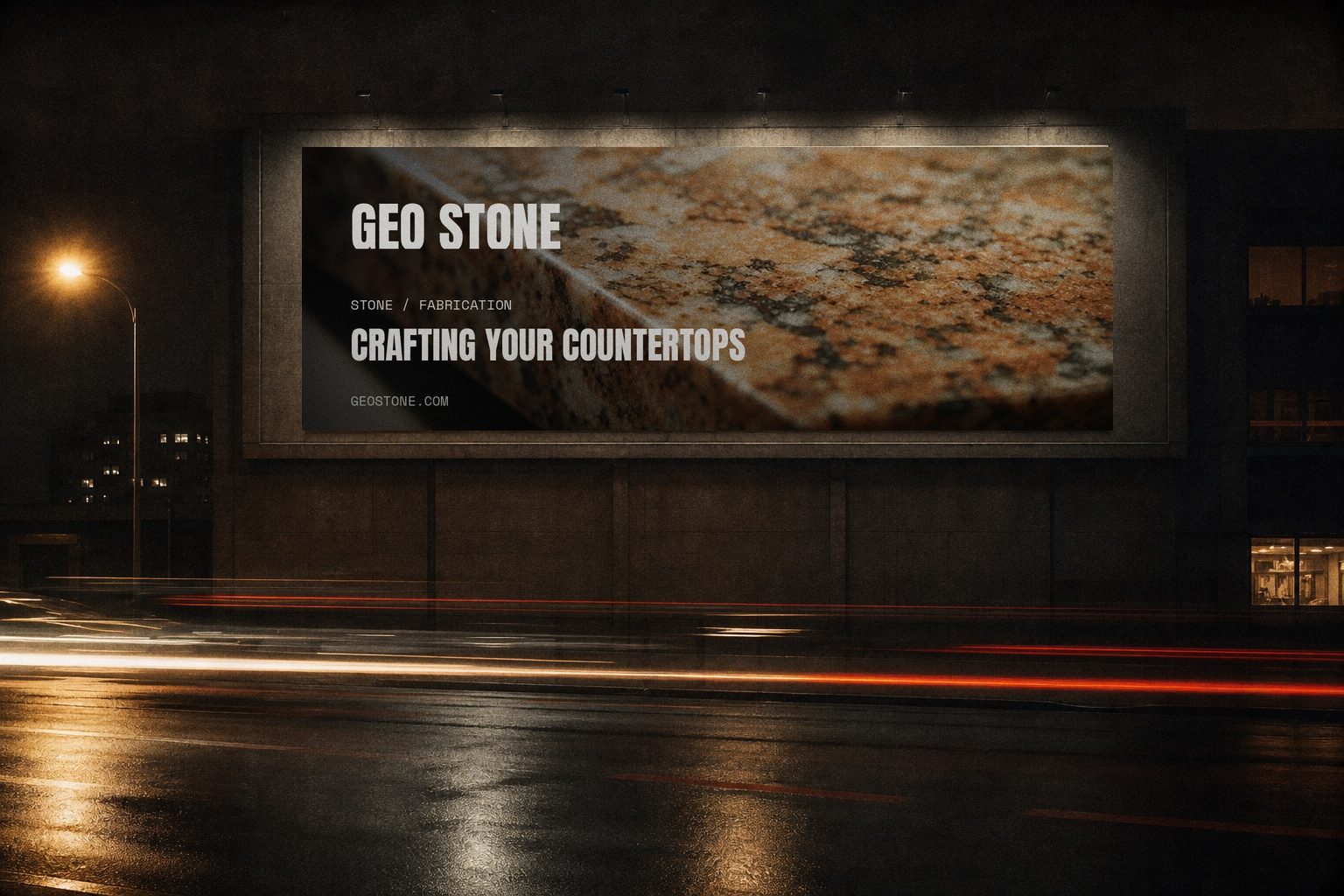 Geo Stone campaign render — night billboard