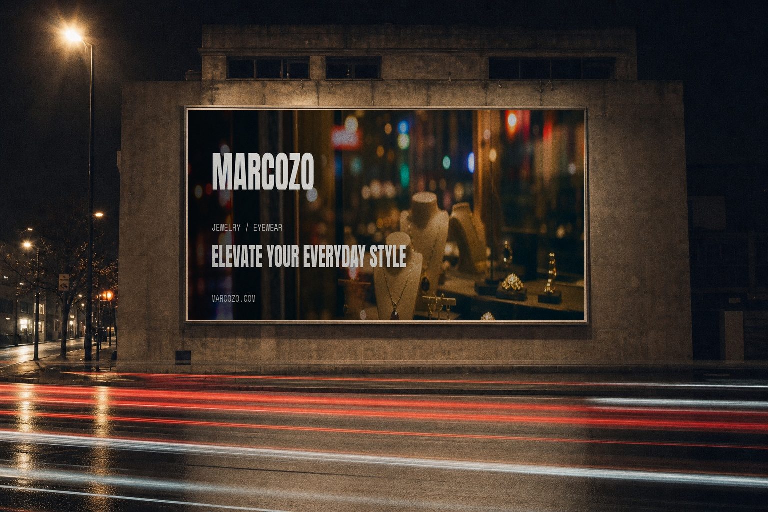 MARCOZO billboard lit at night