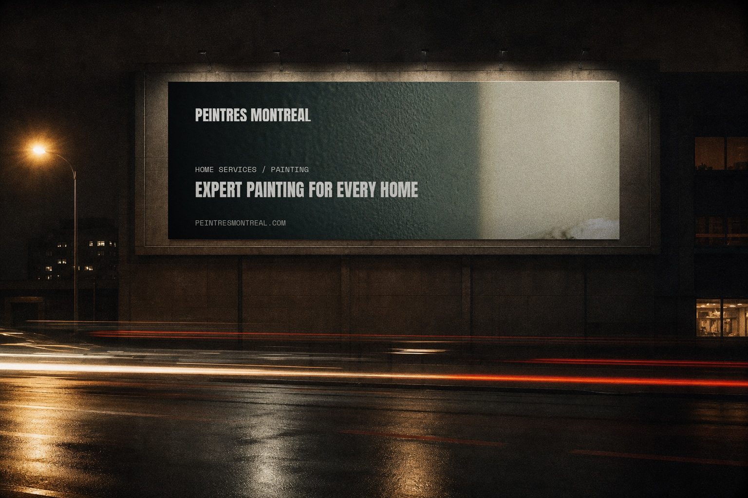 Peintres Montreal billboard lit at night