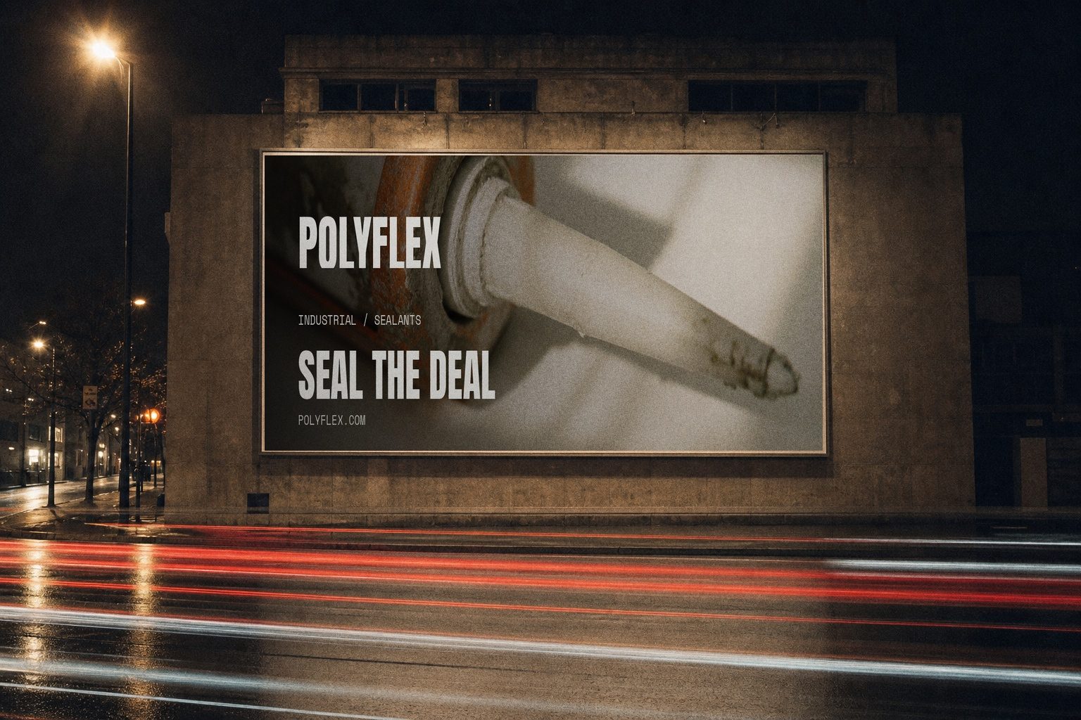 Polyflex campaign render — night billboard