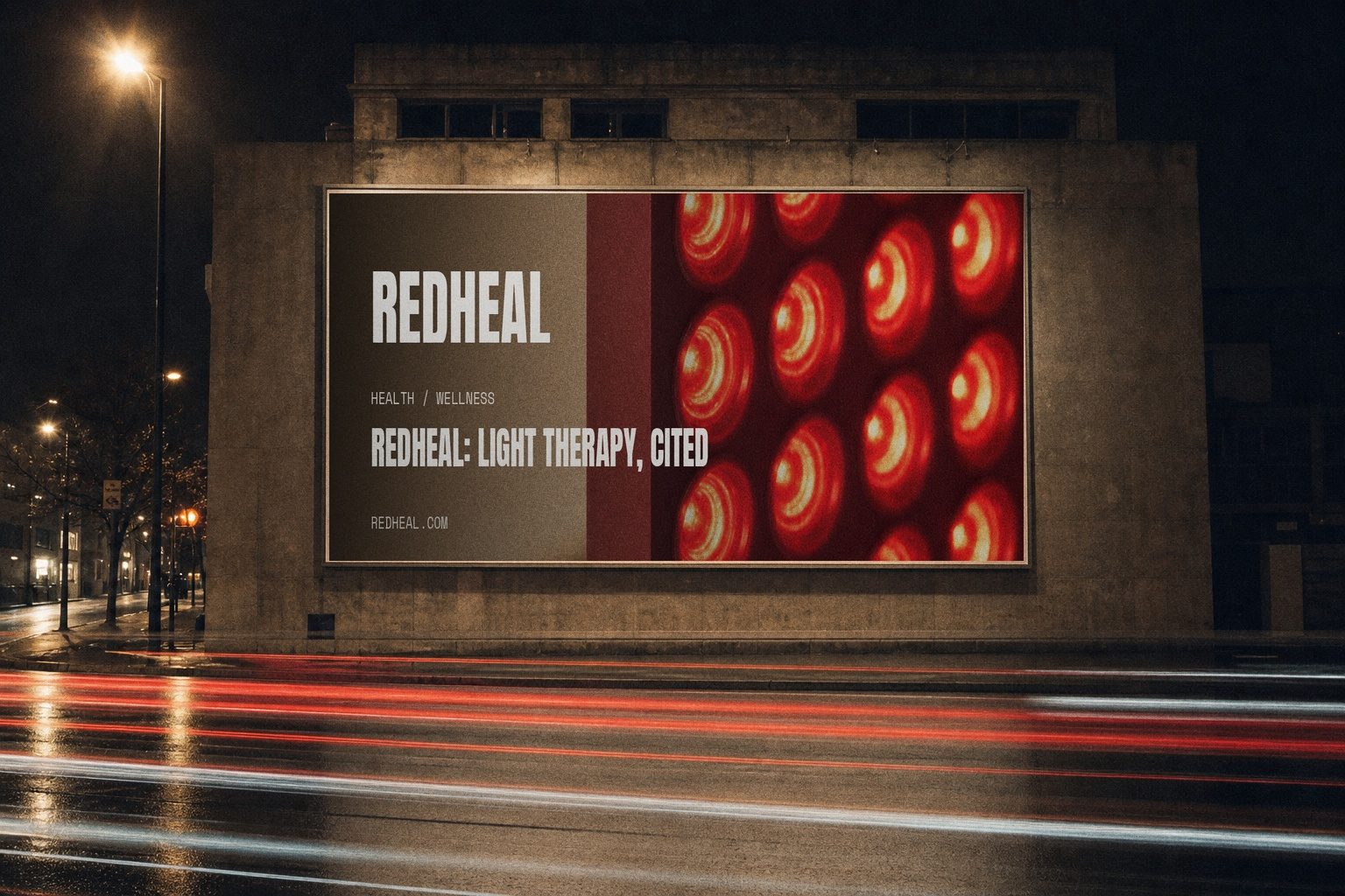 Redheal campaign render — night billboard