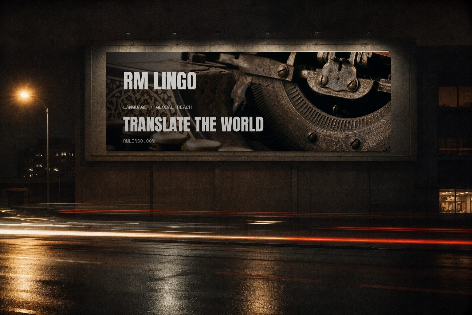 RM Lingo campaign render — night billboard