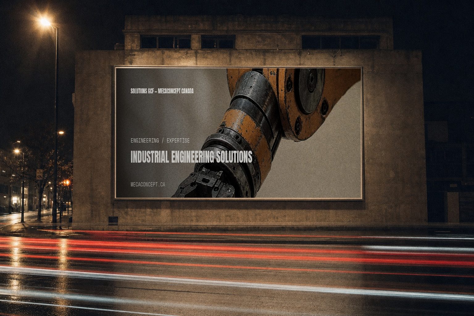Mecaconcept campaign render — night billboard