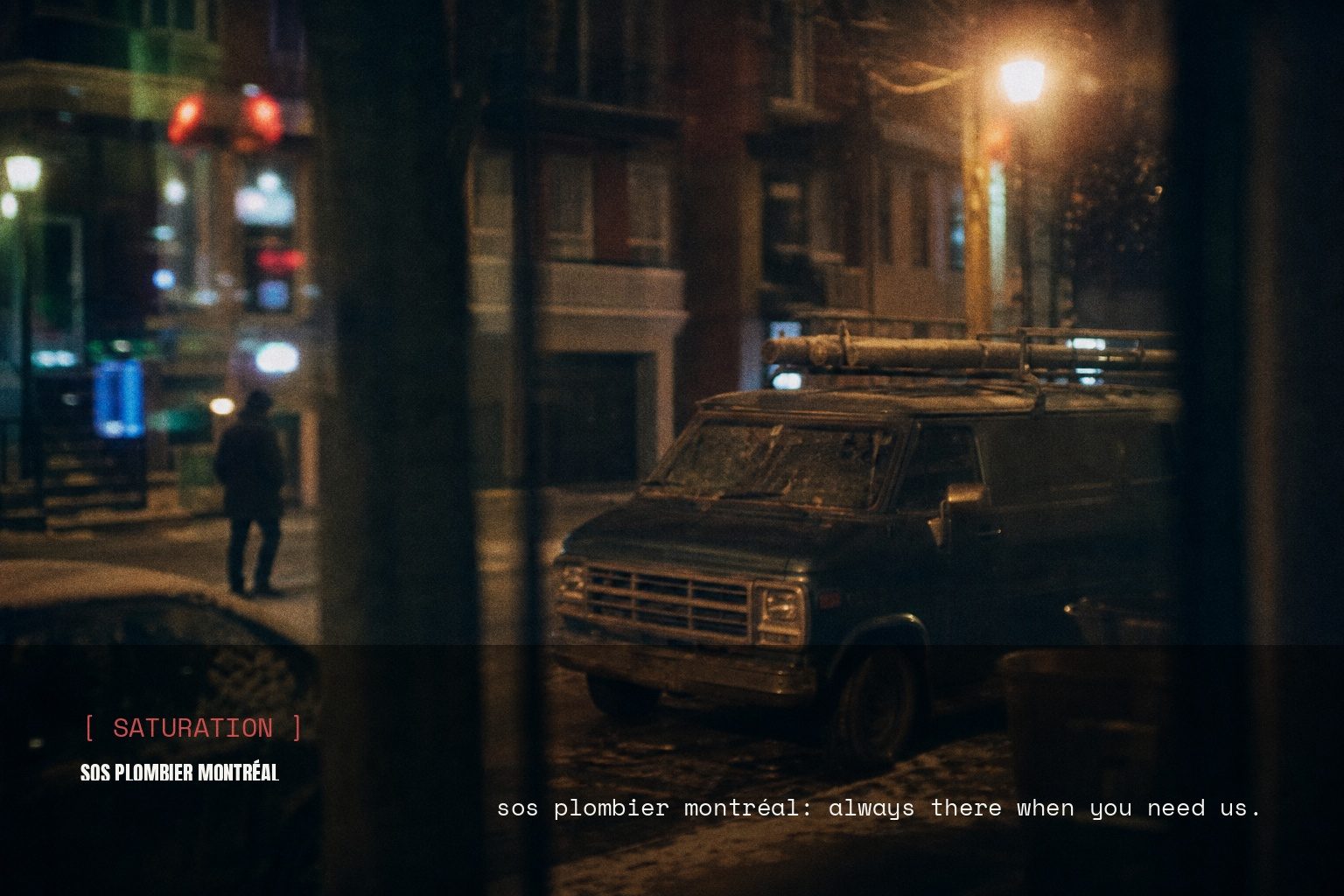 SOS Plombier campaign render — blurred night street scene