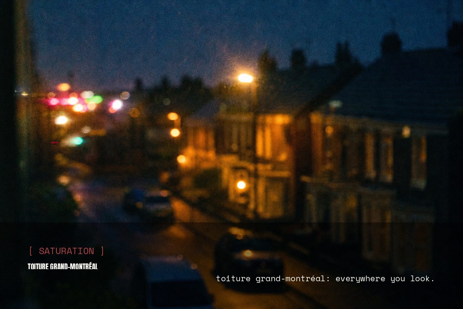 Toiture Grand-Montréal campaign artwork on a blurred night street