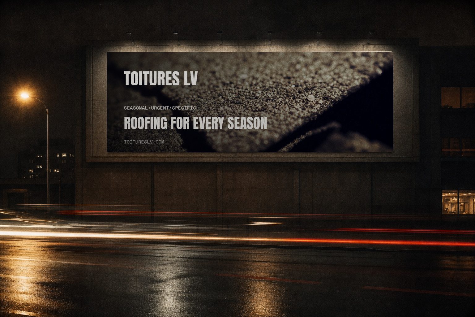 Toitures LV campaign render — night billboard