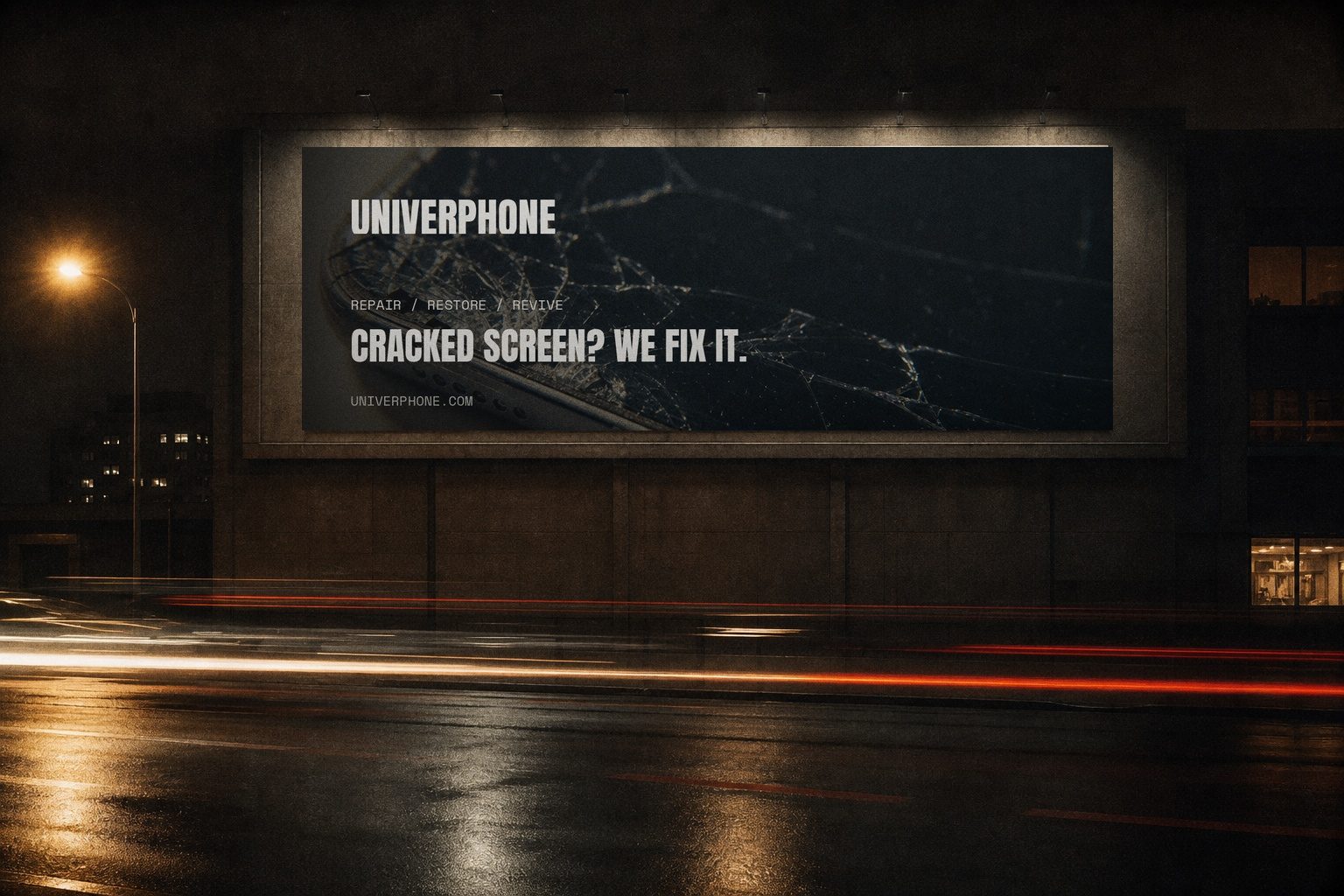 Univerphone campaign billboard lit at night