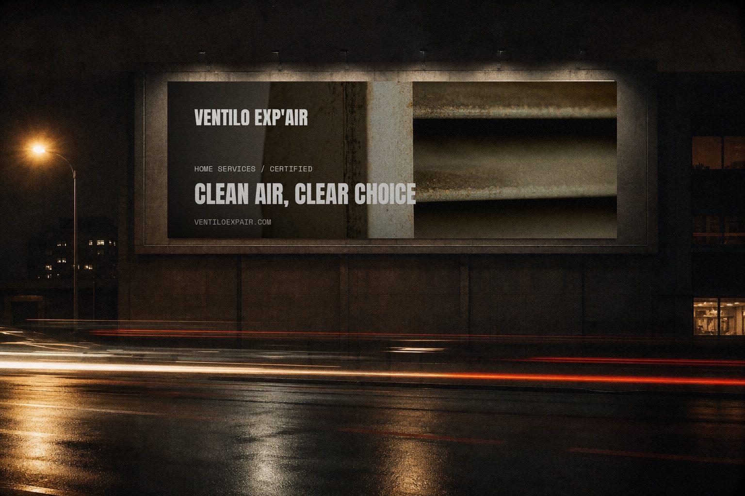 Ventilo Exp'Air billboard lit at night