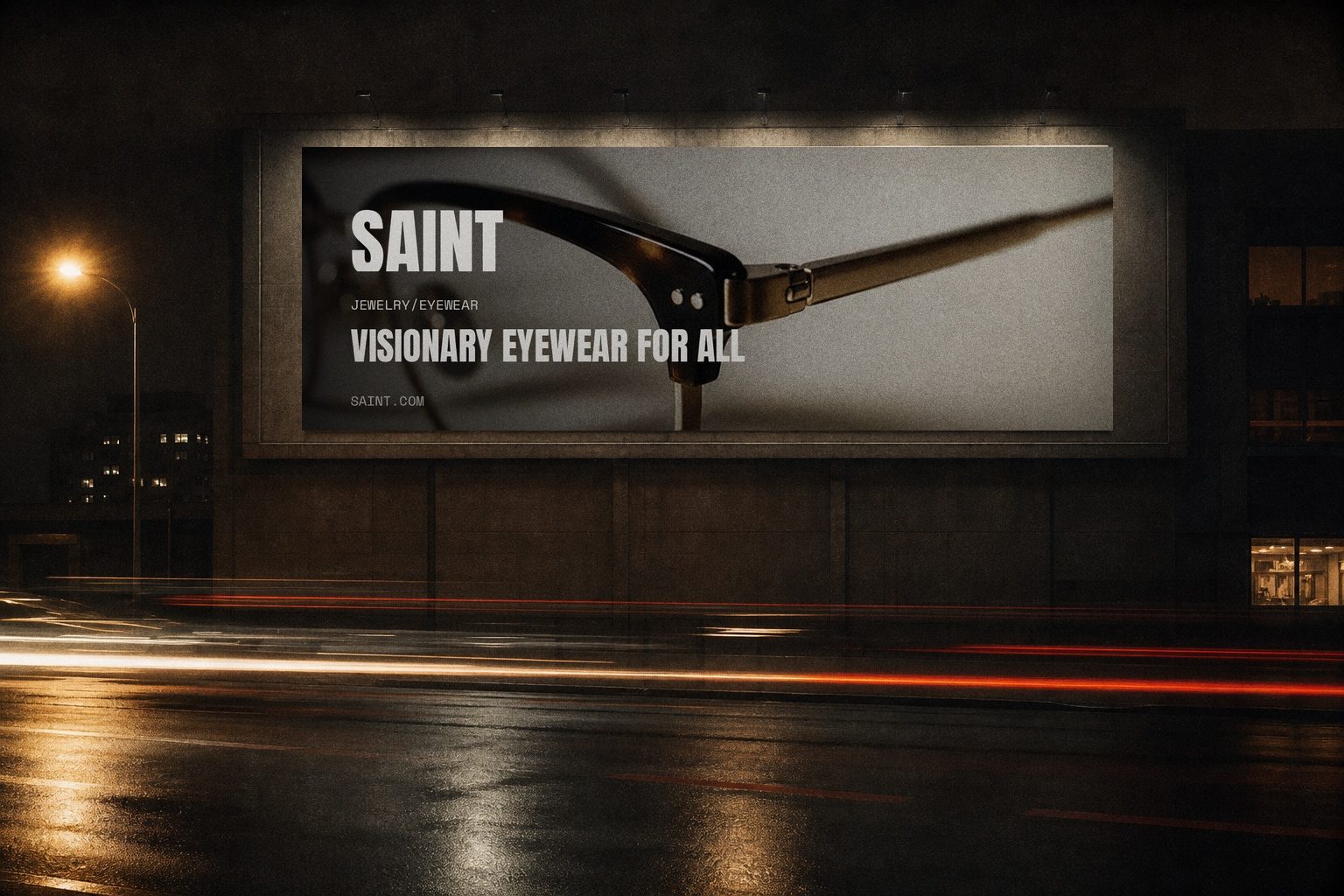 SAINT campaign billboard at night