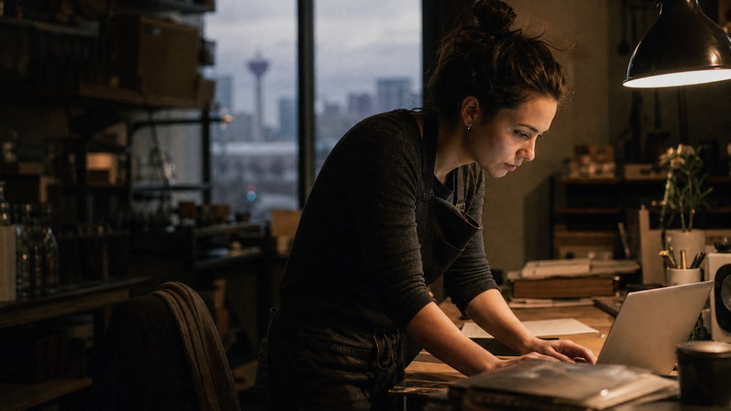 A small-business owner in an apron leaning over a laptop on a cluttered back-office desk late in the day, photographed in Calgary